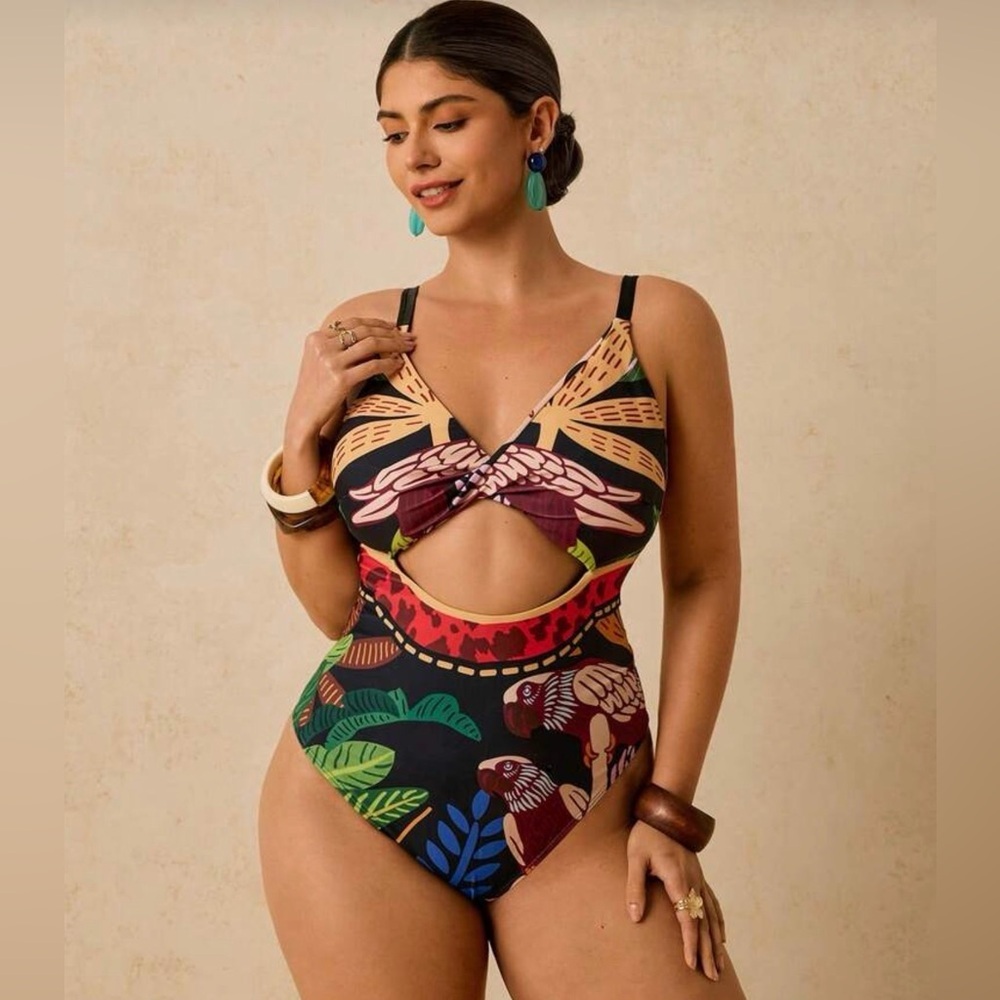 SHEIN Tropical Jungle Swimsuit Bathing Suit Plus Size 18 One Piece Parrot Vaca